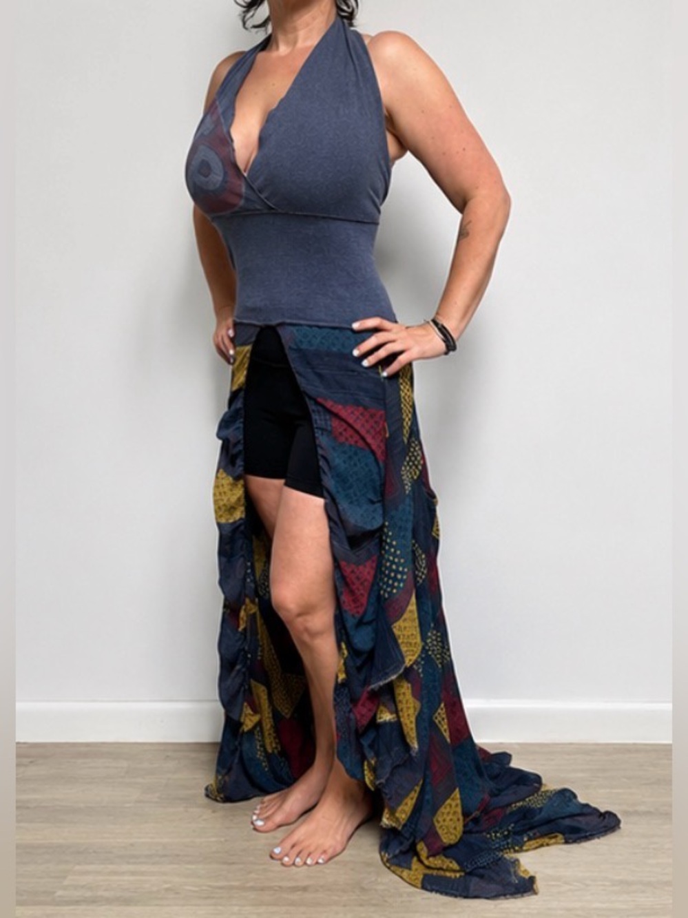 Handmade Boho Halter Maxi Dress Blue Patchwork Ruffle High Low Festival Size M
